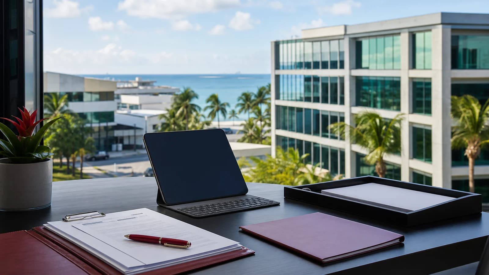 俯瞰熱帶辦公樓及海景的桌上放有平板電腦、表格及文件夾