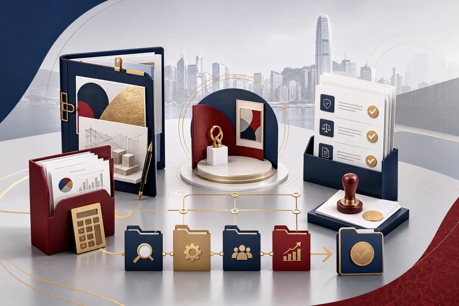 Illustrated folders, calculator, documents and approval stamps against a city skyline