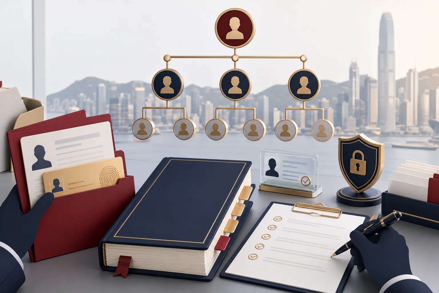 Illustrated identity records, organisation chart and security shield on a desk