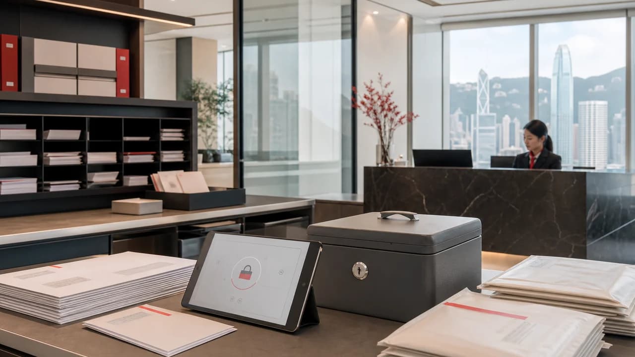 Locked document box, tablet and papers on an office reception desk